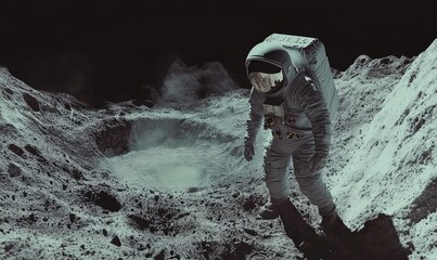 Mining Expedition in a Lunar Crater A lunar crater where a mining expedition uncovers rare and valuable minerals, pushing the boundaries of space exploration