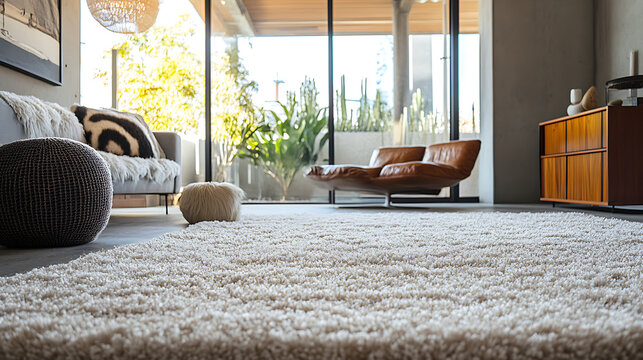 Low angle view of a room with fluffy carpet and stylish furniture on the floor indoors