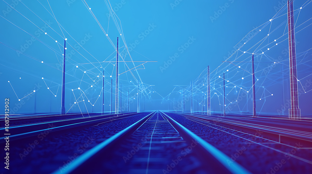 Poster Railway interchange depicted in a low-poly construction shows an empty rail track with interconnected lines and dots on a blue background, emphasizing the technical aspects of rail transportation