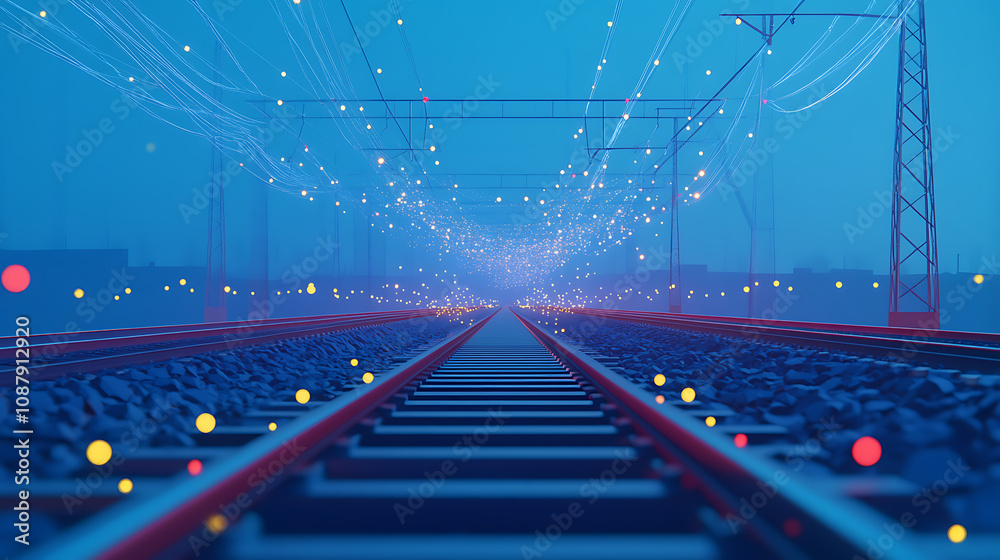Fototapete railway interchange depicted in a low-poly construction shows an empty rail track with interconnecte