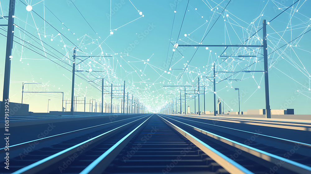 Poster Railway interchange depicted in a low-poly construction shows an empty rail track with interconnected lines and dots on a blue background, emphasizing the technical aspects of rail transportation