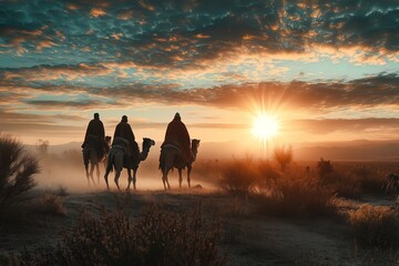Christmas religious nativity concept. Three wise men on a camels on desert go to Shining bright bethlehem star. Epiphany