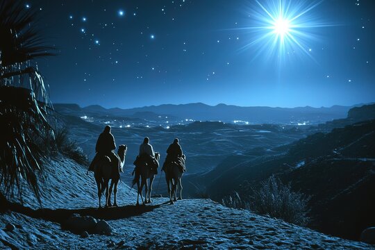 Christmas religious nativity concept. Three wise men on a camels on desert go to Shining bright bethlehem star. Epiphany