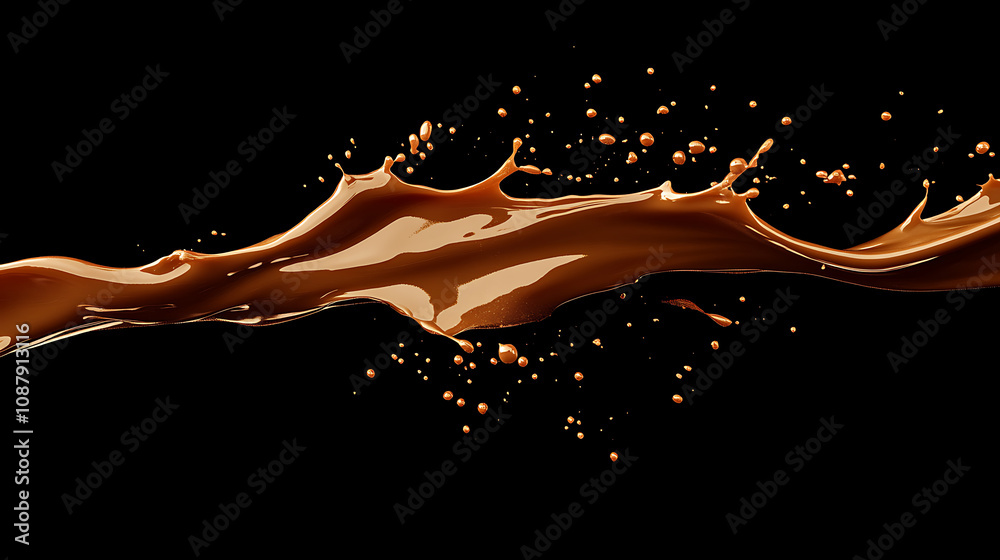 Poster a caramel splash, sweet liquid candy swirls, and waves splashing with droplets, isolated brown melt 