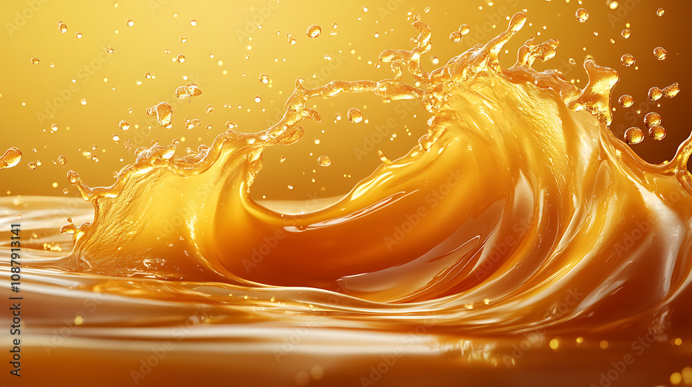 Poster a caramel splash, sweet liquid candy swirls, and waves splashing with droplets, isolated brown melt 