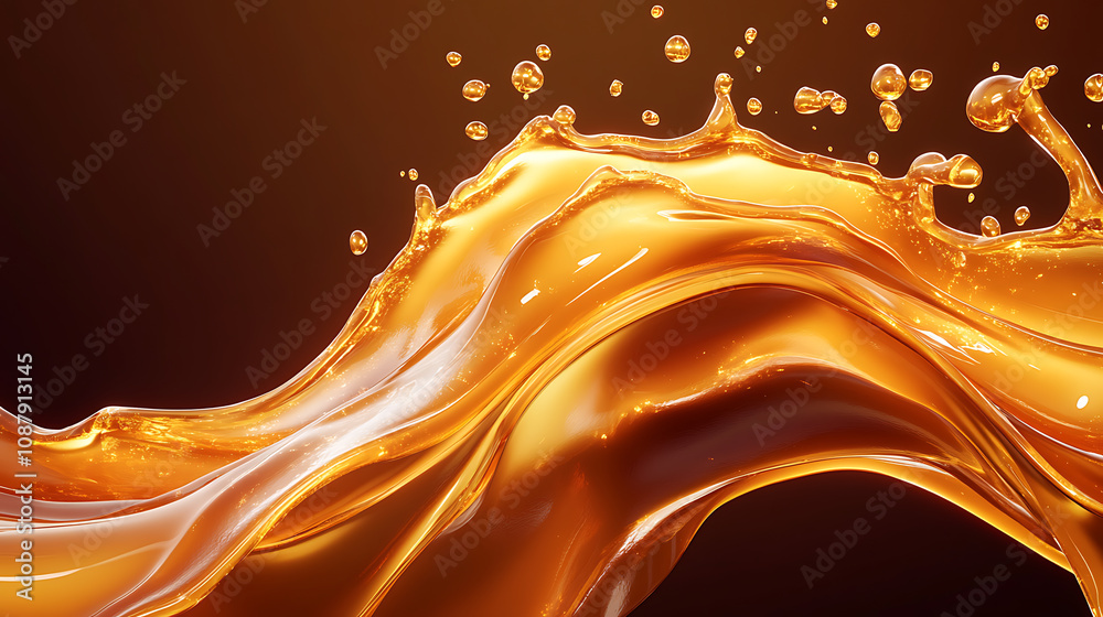 Poster a caramel splash, sweet liquid candy swirls, and waves splashing with droplets, isolated brown melt 