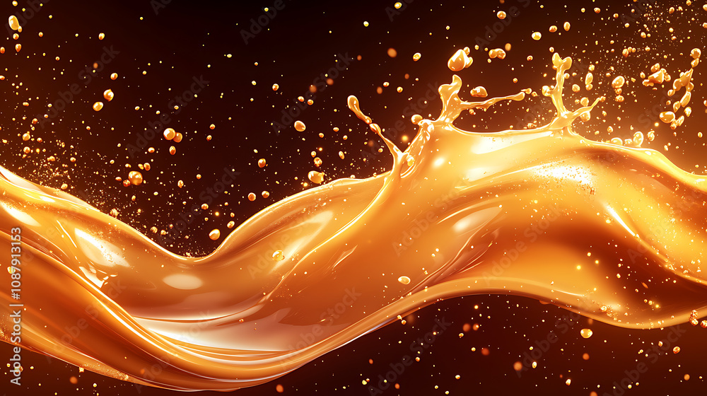 Poster a caramel splash, sweet liquid candy swirls, and waves splashing with droplets, isolated brown melt 