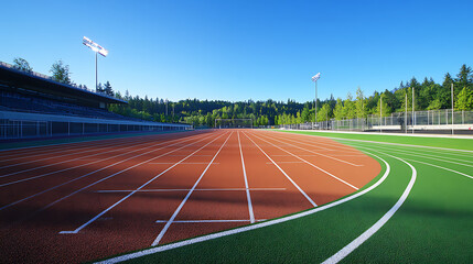 Obraz premium The standard lines and marks on a sports stadium running track are displayed, offering a clear view of the markings used for athletic competitions
