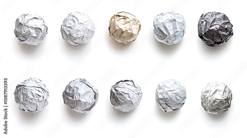 Poster collection of crumpled paper balls isolated on white background creative texture and pattern concept