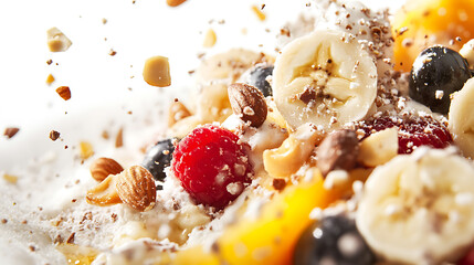 Closeup of a decadent banana split sundae with various fruits and nuts isolated on white background food photography