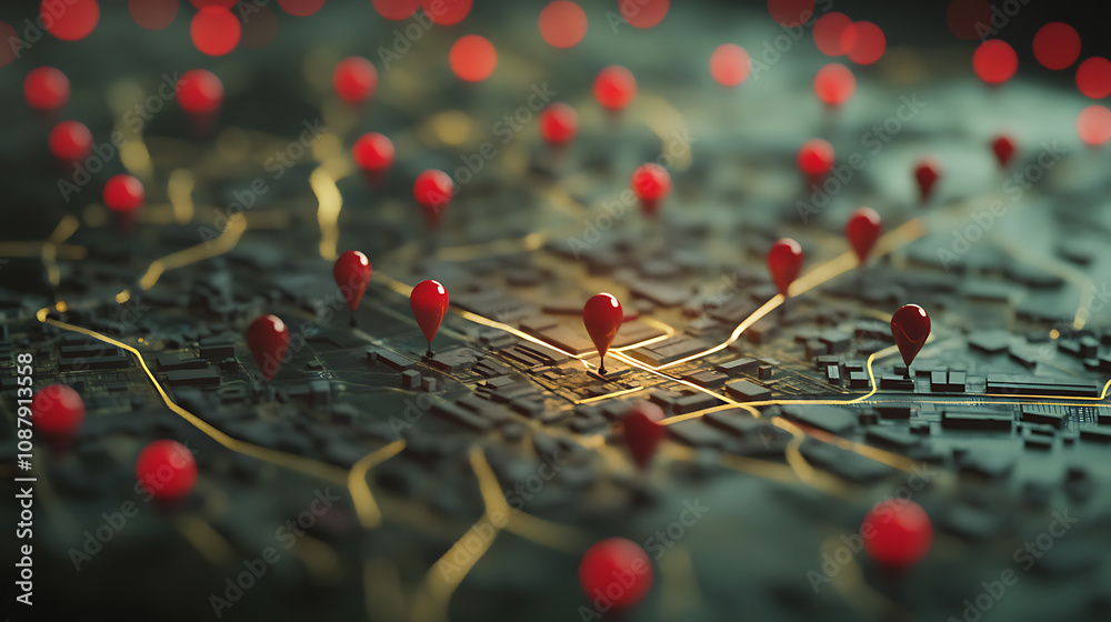 Poster map of city with red pins and location pin on center