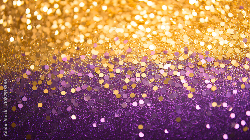 Poster luxurious abstract background with bokeh effect shimmering gold and purple glitter confetti