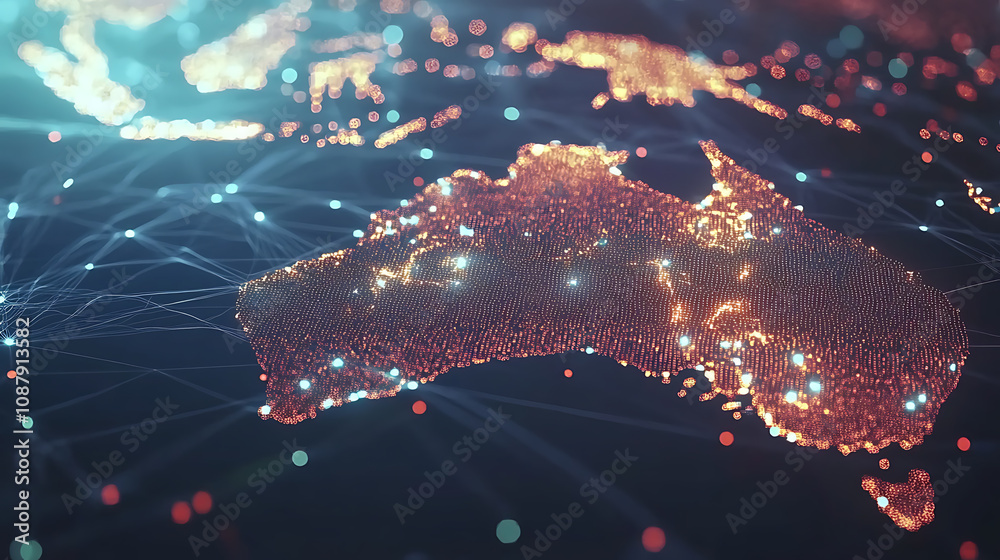 Poster digital network map of australia global connectivity and data transfer concept illustration