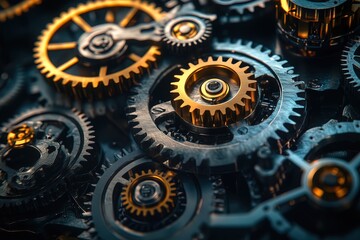 Diagram of a complex mechanism with dozens of gears in various shapes and sizes, high-contrast lighting, detailed look