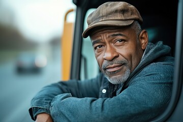 Senior truck driver resting in vehicle cab