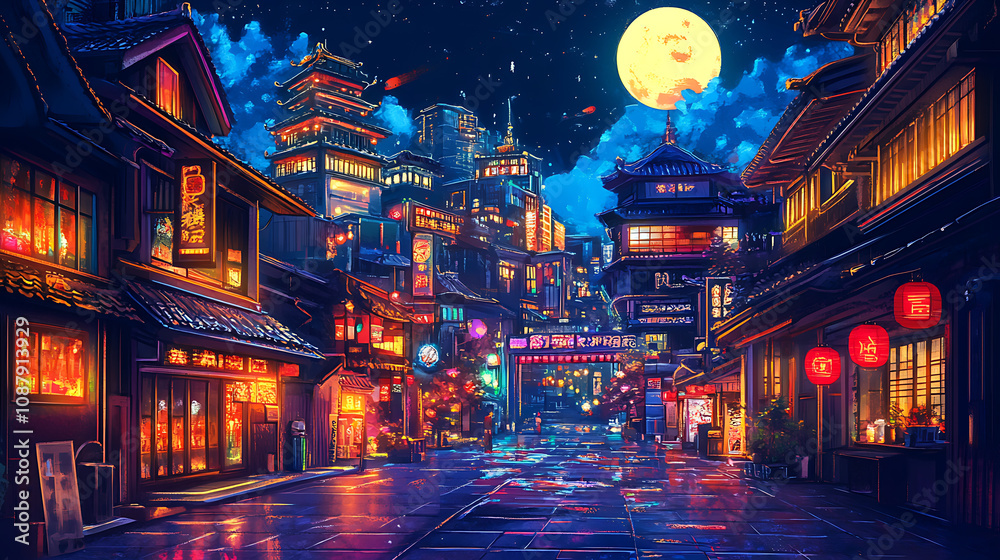 Aufkleber retro 90s japanese animation style cityscape with neon lights and futuristic elements nostalgia and 