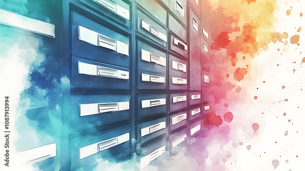Poster Secure document storage with file management technology watercolor sketch