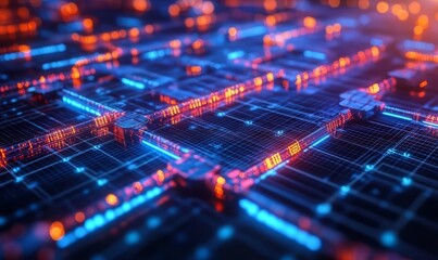 Blockchain data nodes, neon financial network, glowing dark backdrop, futuristic economy