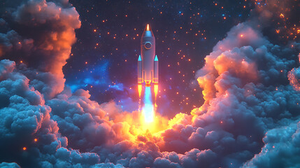 Rocket launch with neon lights in night sky startup business concept 3d illustration