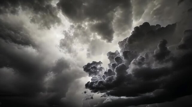 Panorama Dark cloud at evening sky with thunder bolt. Heavy storm bringing thunder, lightnings and rain in summer. Black and white thunderbolt background. Video