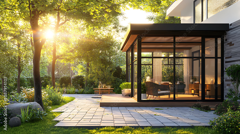 Poster Modern conservatory sunroom extending into garden with block paved patio 3d rendering of home extension