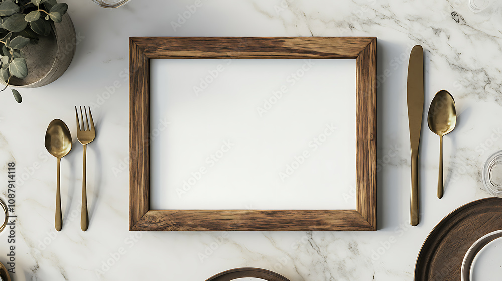 Aufkleber Rustic wooden menu frame mockup with blank white paper on light background top view perspective