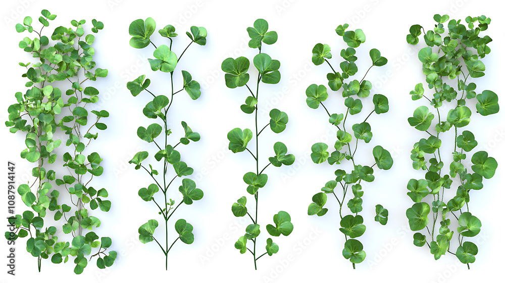 Poster set of cutout dichondra creeper plants and vines isolated on white realistic 3d rendering of lush gr
