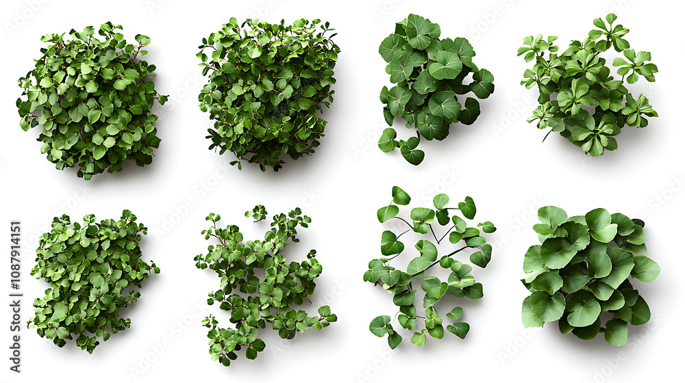 Poster set of cutout dichondra creeper plants and vines isolated on white realistic 3d rendering of lush gr