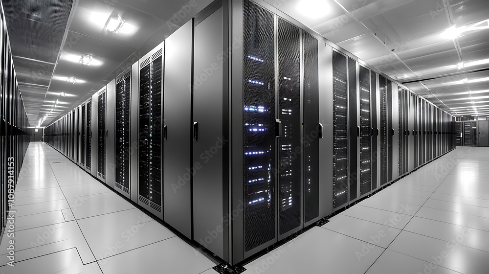 Poster Server room interior with rows of network racks supercomputer data center abstract technology background