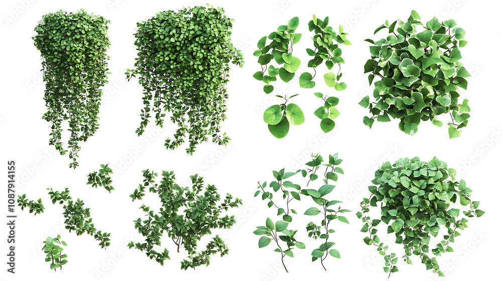 Poster set of cutout dichondra creeper plants and vines isolated on white realistic 3d rendering of lush gr