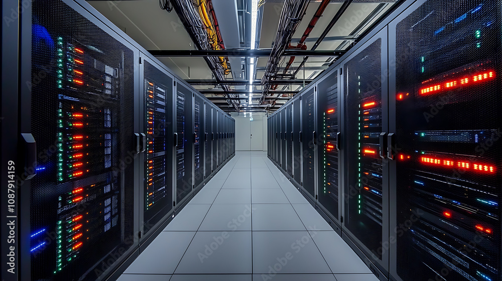 Poster Server room interior with rows of network racks supercomputer data center abstract technology background