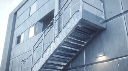 Industrial staircase against a concrete building.