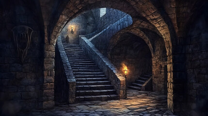 Medieval castle dungeon interior ominous stone walls flickering torches dark symmetrical staircase