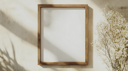 Rustic wooden menu frame mockup with blank white paper on light background top view perspective