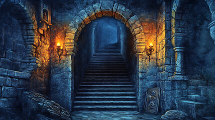 Fototapeta premium Medieval castle dungeon interior ominous stone walls flickering torches dark symmetrical staircase