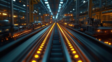 Industrial setting with illuminated conveyor belts.