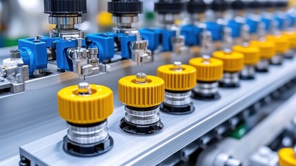 Industrial machinery with yellow and blue knobs.