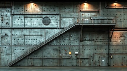 Industrial metal wall with stairs, pipes, and a window.