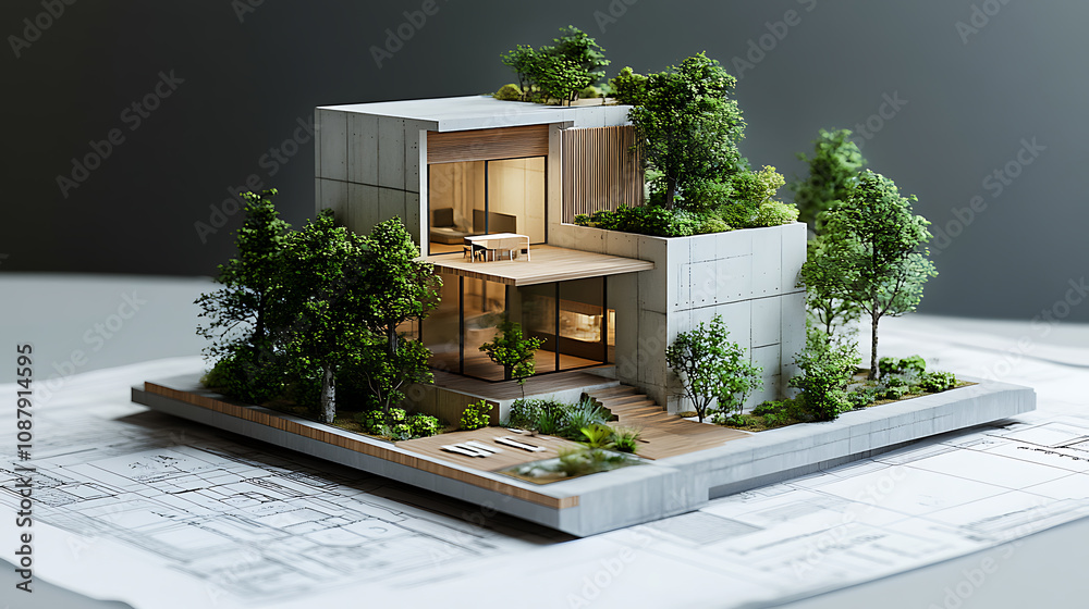 Poster 3D model of a contemporary, authentic building block mock-up with a garden placed atop blueprints and paperwork