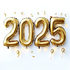 Realistic 3D design  The letters "2025 "  shiny gold foil balloons, on a clean white background. 