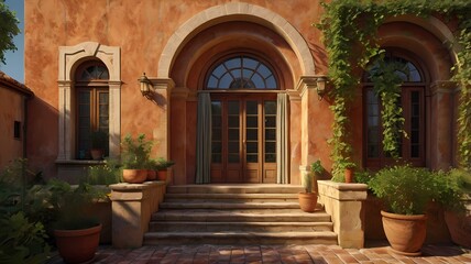 Fototapeta premium Tuscan Villa at Golden Hour Ivy-Covered Walls, Cypress-Lined Hills, and Warm Italian Charm in a Cinematic, Panoramic Scene V6