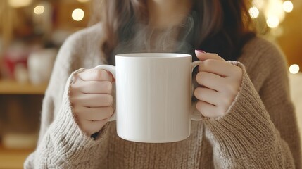 A young lady clad in a comfortable sweater cradles an 11-ounce porcelain mug, its pristine white surface begging for a steaming brew. This blank canvas awaits your artistic touch