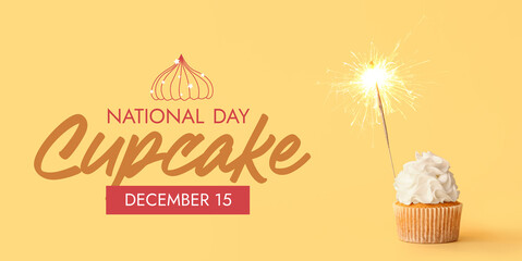 Tasty birthday cupcake with sparkler on orange background