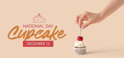 Woman decorating tasty cupcake with cherry on beige background