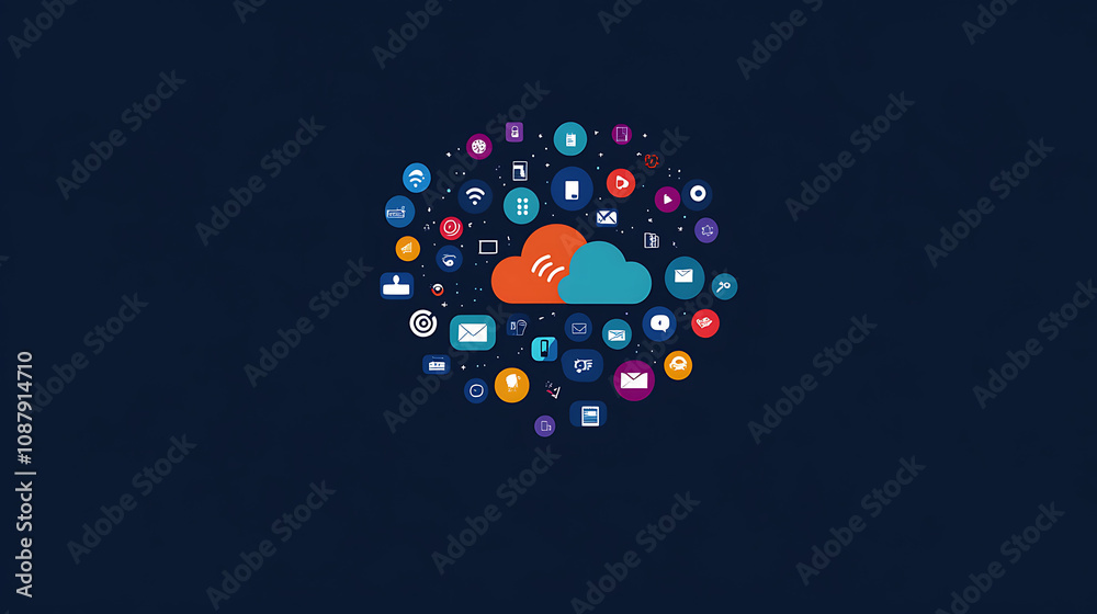 Aufkleber A digital cloud with various icons representing different online services, such as on a mainly dark blue background
