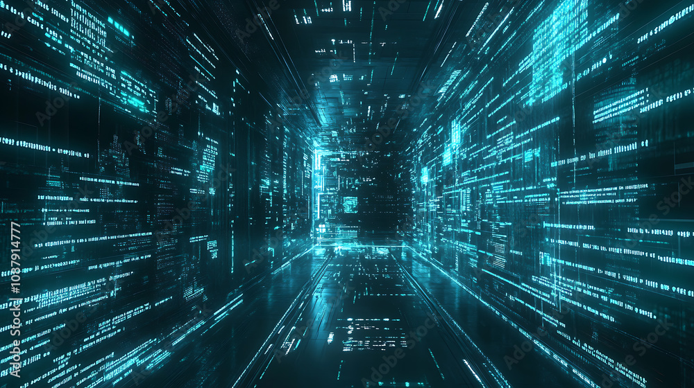 Fototapete A digital background with code and computer screens, representing the realm of software development and coding in technology in a futuristic style