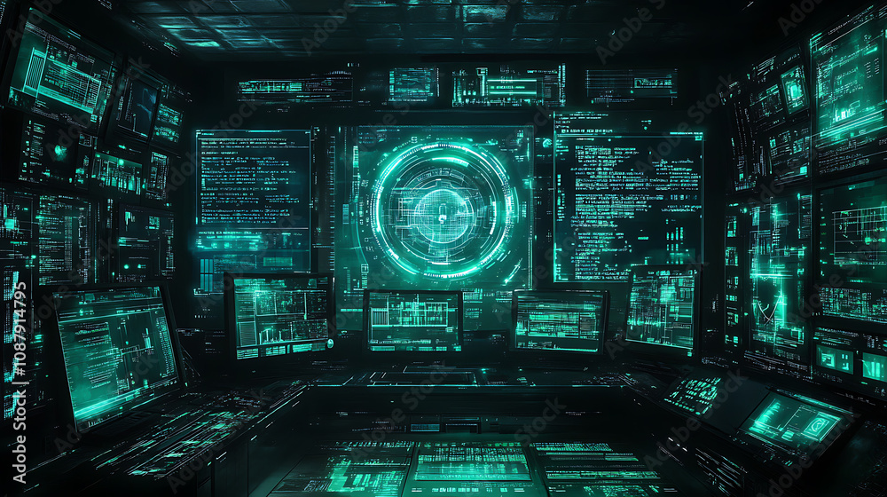 Poster A digital background with code and computer screens, representing the realm of software development and coding in technology in a futuristic style