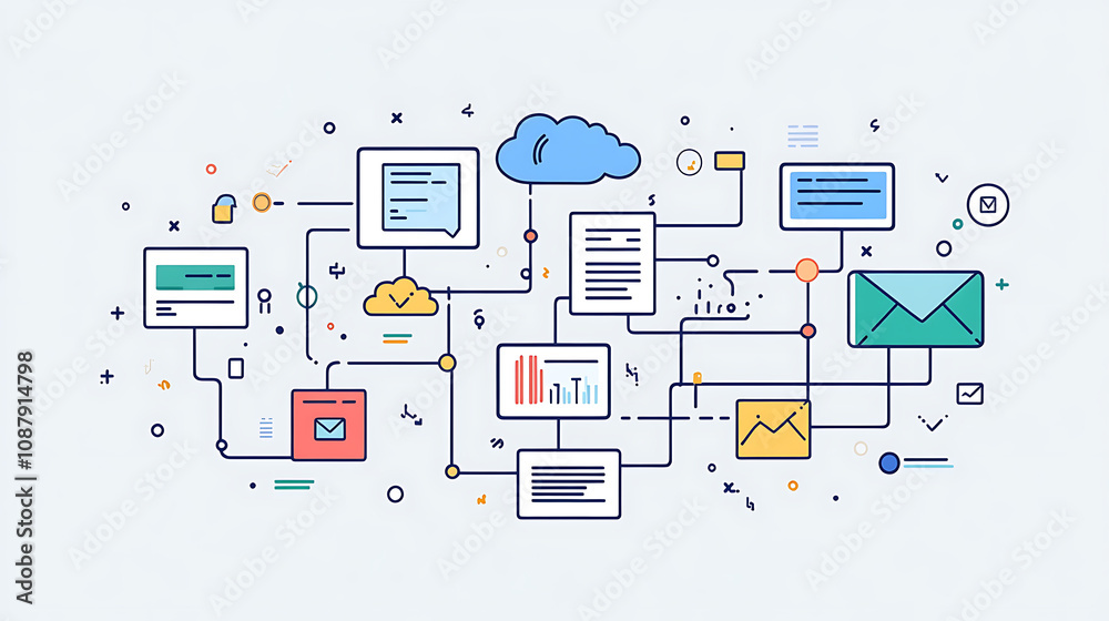 Poster A digital illustration depicting cloud technology with icons representing different types of data and documents connected to form an abstract network