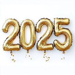 Realistic 3D design  The letters "2025 "  shiny gold foil balloons, on a clean white background. 