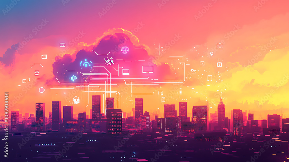 Fototapete A digital illustration of a secure cloud storage concept, featuring a metallic microchip with a padlock symbolizing data protection and cybersecurity in cloud computing